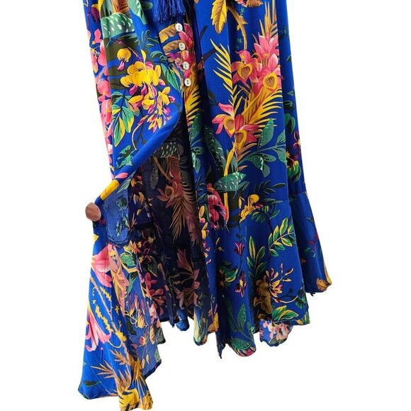 Cynthia Rowley Cinch Waist Maxi Skirt Sz M Tropical Blue Rayon Button Tie Front - Picture 6 of 10
